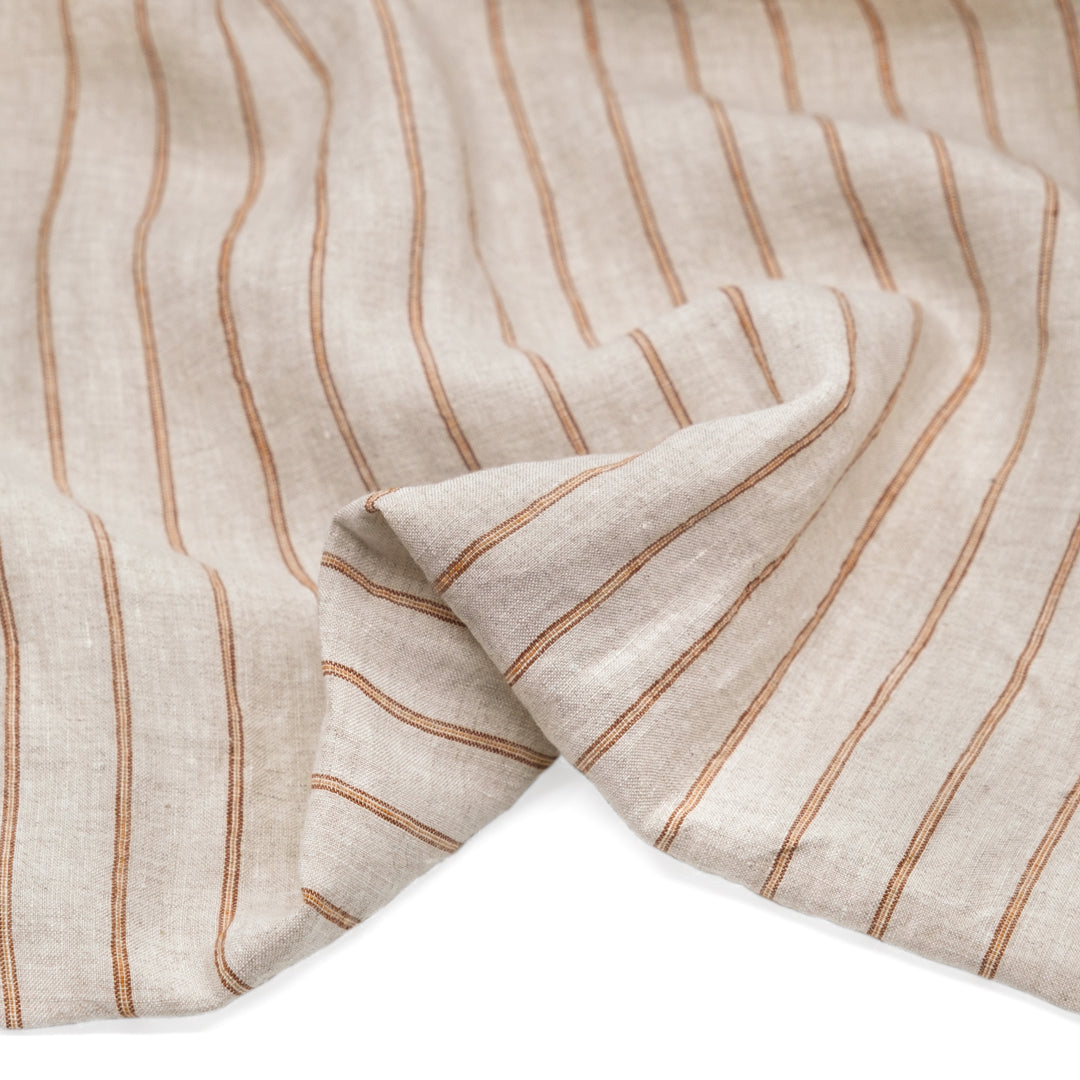 Toffee Stripe Stonewashed Linen - Oatmeal/Teak | Blackbird Fabrics