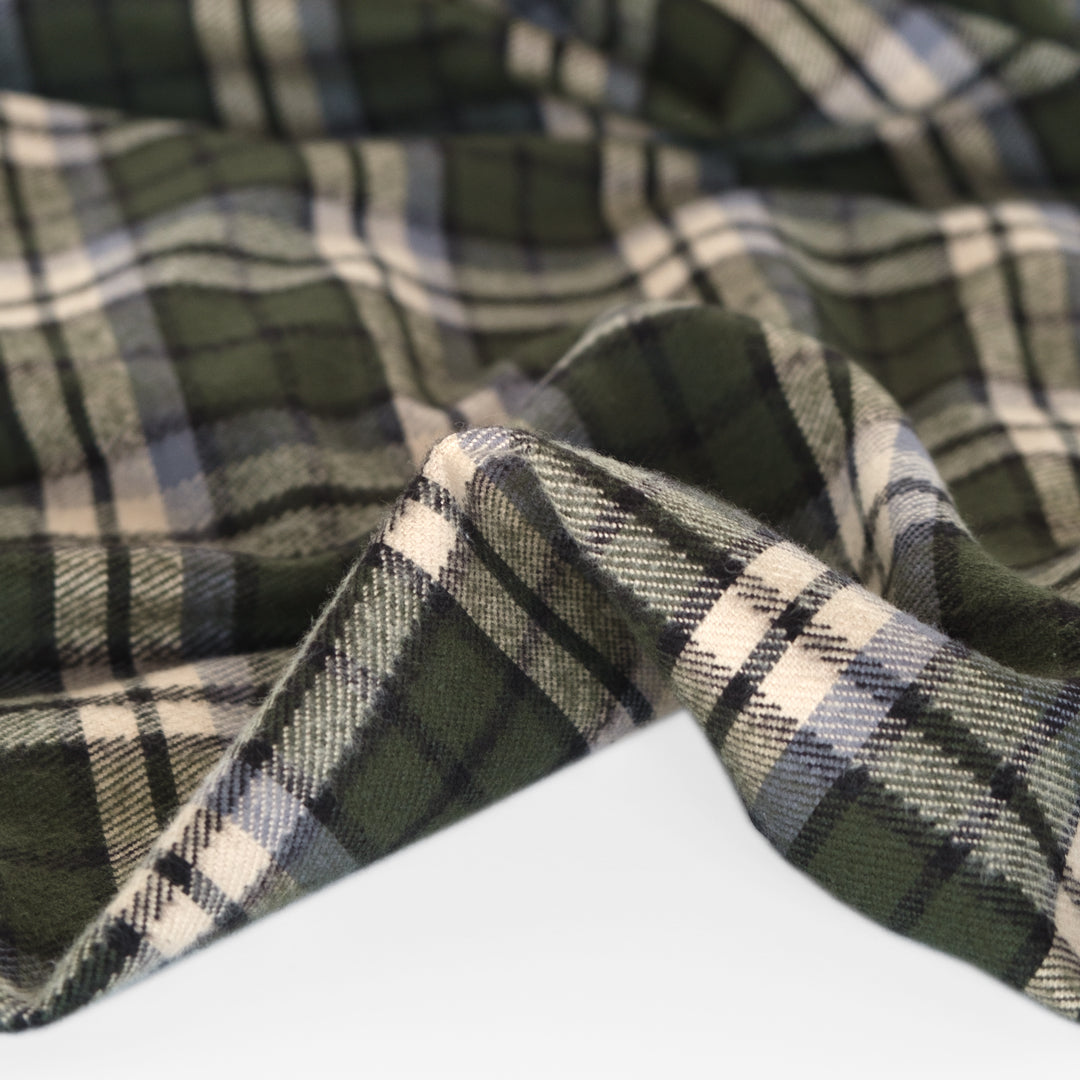 Midweight Plaid Cotton Flannel Twill - Green/Ivory/Grey