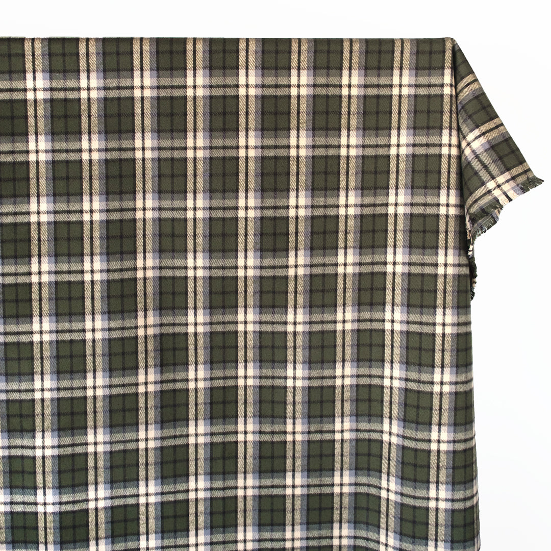 Midweight Plaid Cotton Flannel Twill - Green/Ivory/Grey