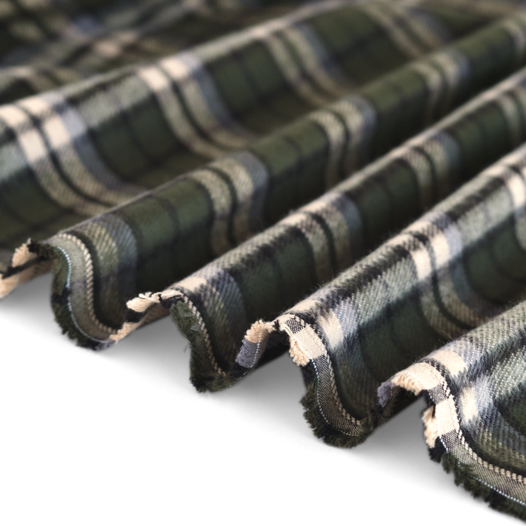 Midweight Plaid Cotton Flannel Twill - Green/Ivory/Grey