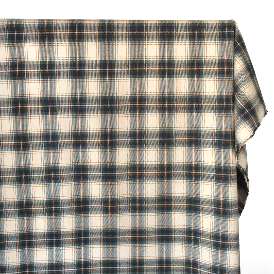 Midweight Plaid Cotton Flannel Twill- Ivory/Sage