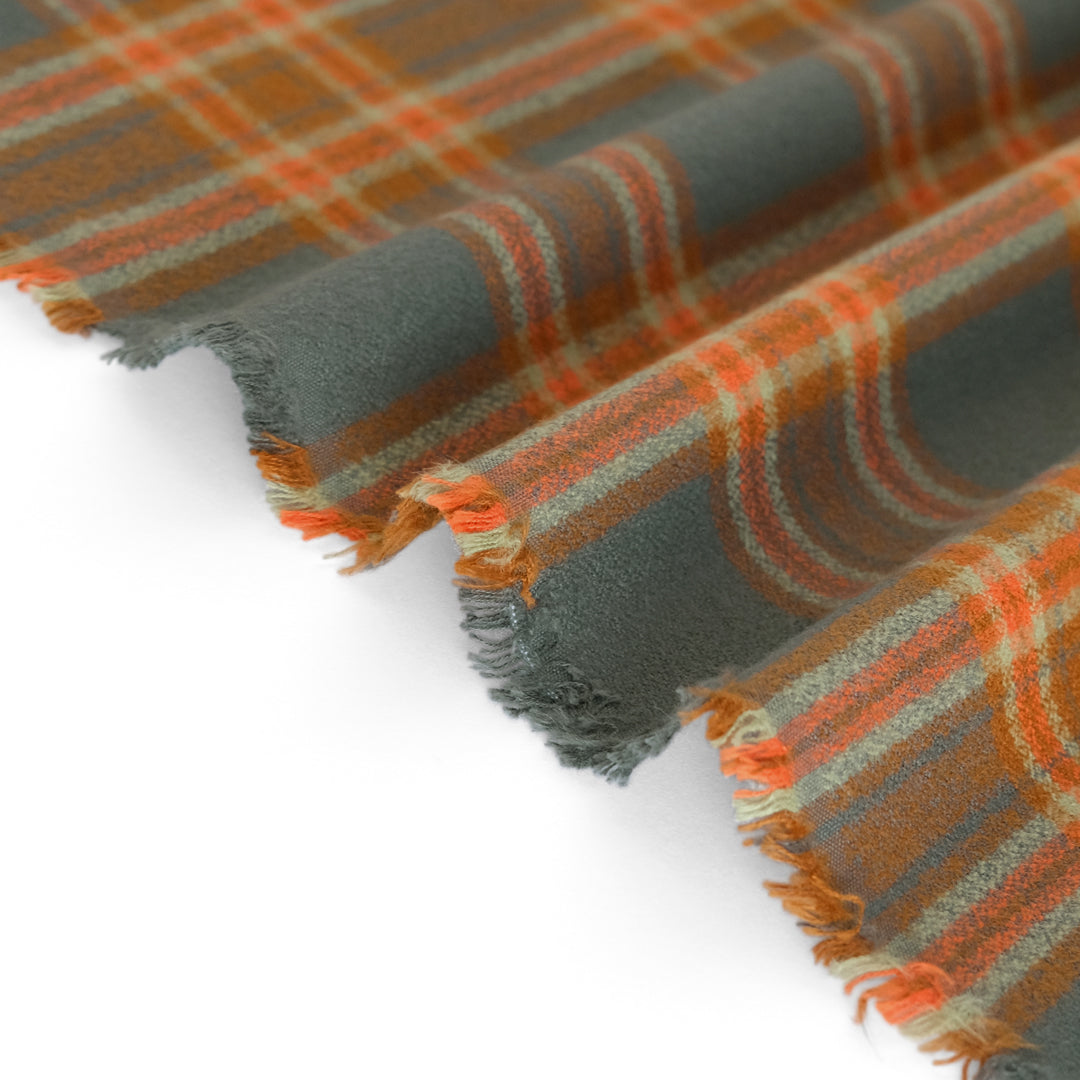Plaid Cotton Flannel Shirting - Deep Sage/Orange