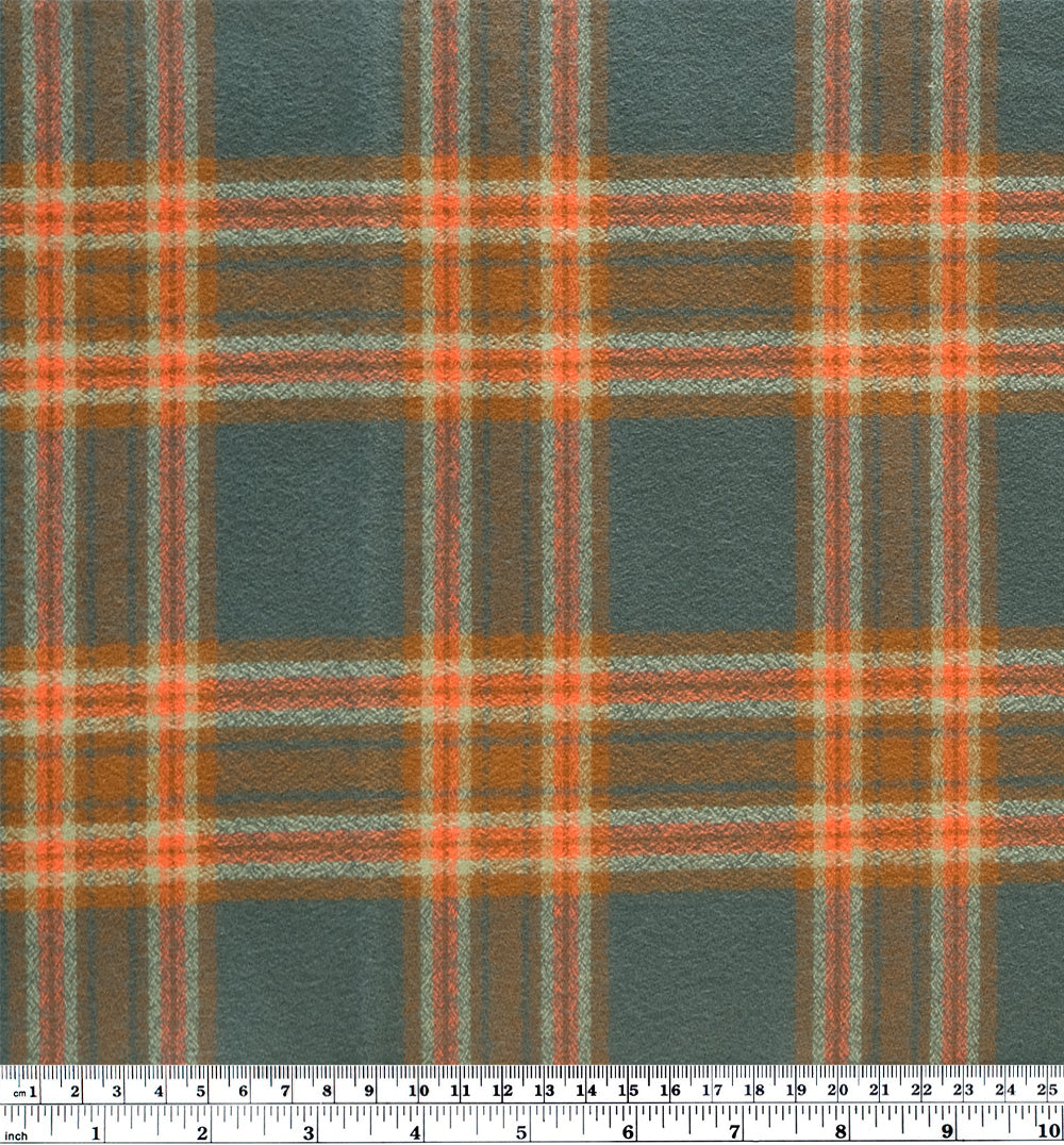 Plaid Cotton Flannel Shirting - Deep Sage/Orange