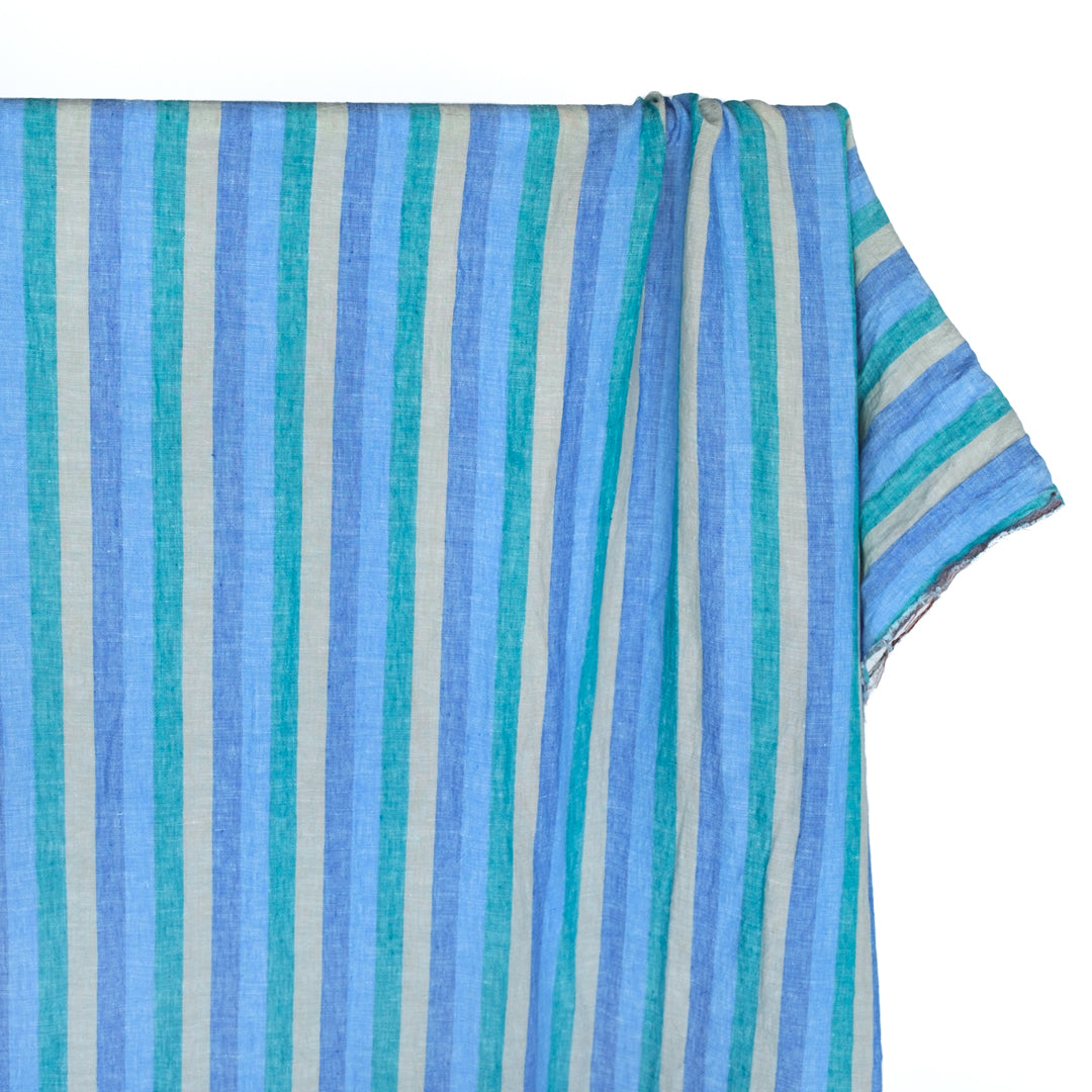 Wide Stripe Yarn Dyed Linen - Aqua/Cornflower/Azure | Blackbird Fabrics