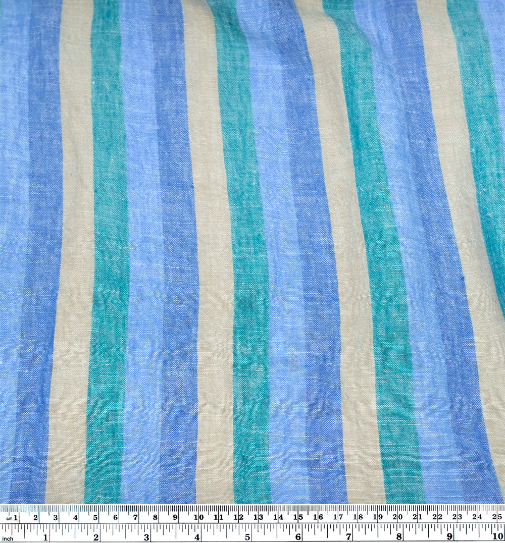 Wide Stripe Yarn Dyed Linen - Aqua/Cornflower/Azure | Blackbird Fabrics