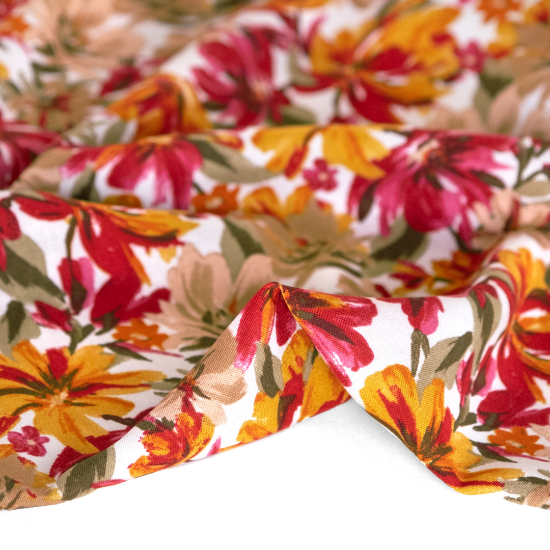 Fall Flowers Rayon Challis - White/Berry/Harvest
