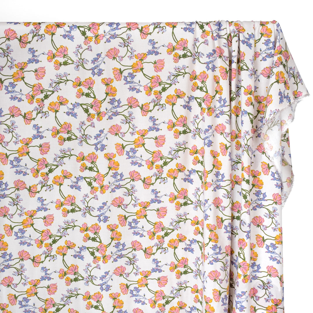 Floral Vines Rayon Challis - Pale Stone/Pink/Bluebell