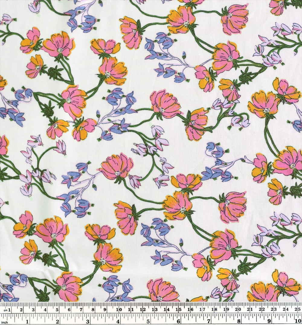 Floral Vines Rayon Challis - Pale Stone/Pink/Bluebell