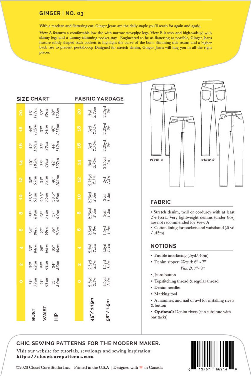Ginger Skinny Jeans Sewing Pattern by Closet Core