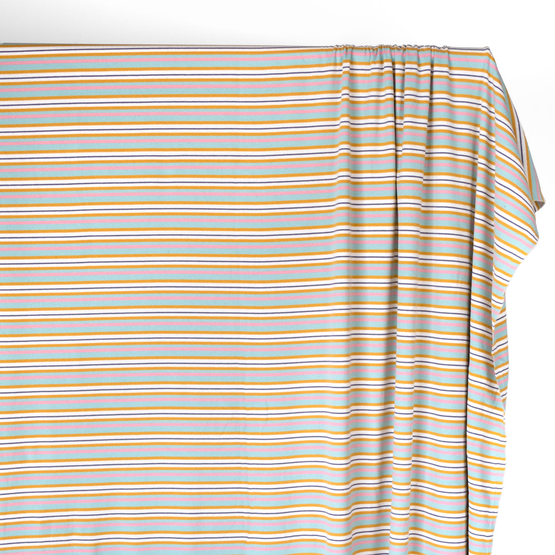 Mirage Stripe Cotton Rib Knit - Aqua/Ochre/Pink | Blackbird Fabrics