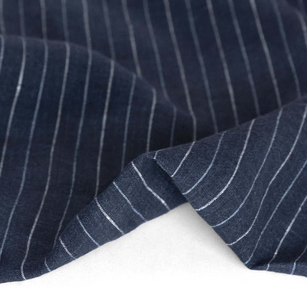 Pinstripe Stonewashed Linen - Navy | Blackbird Fabrics