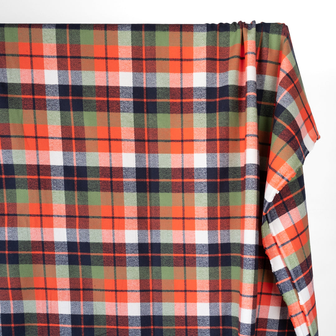 Plaid Cotton Flannel - Navy/Neon Orange/Grass