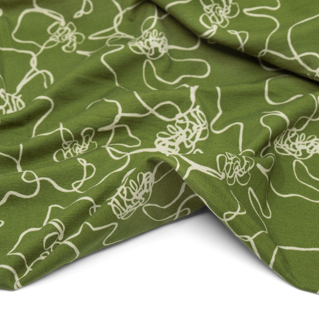 Squiggle Floral Organic Cotton Jersey - Moss/Ecru