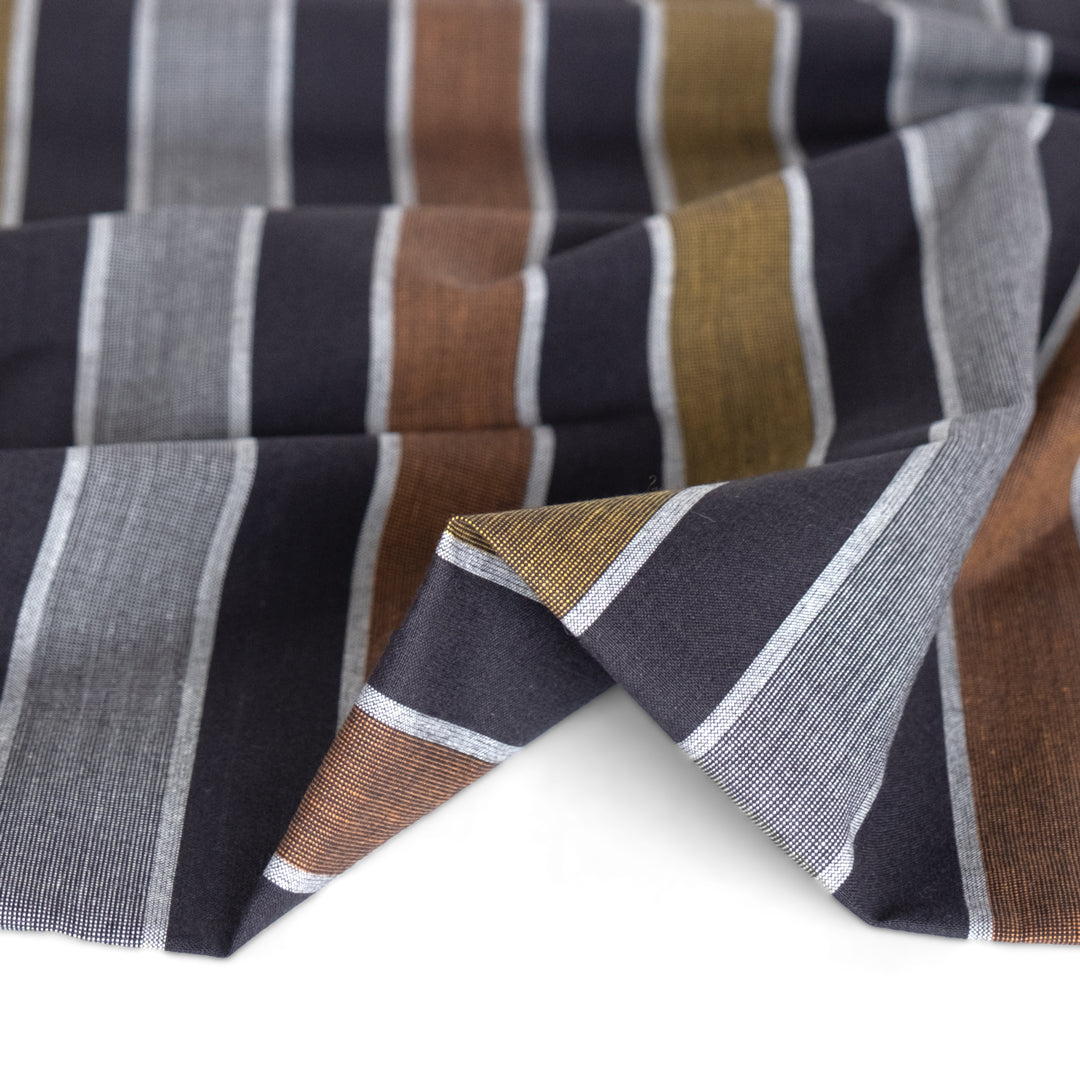 Awning Stripe Yarn Dyed Cotton - Black/Teak/Chartreuse | Blackbird Fabrics