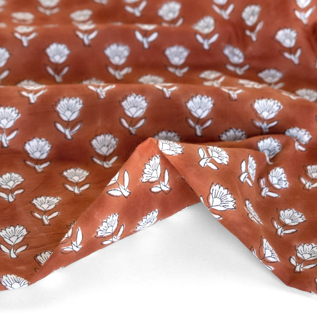 Bloom Block Printed Organic Cotton Batiste - Clay/White/Navy