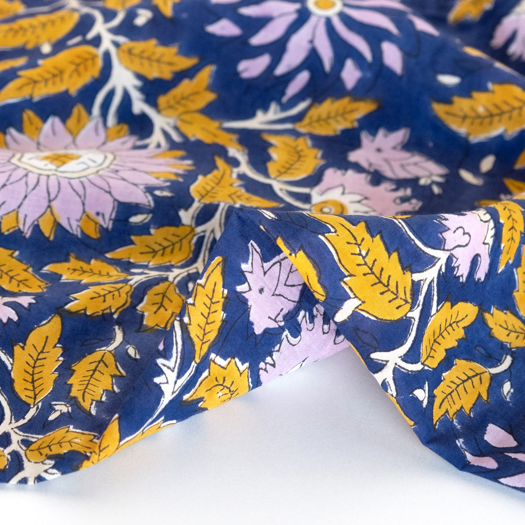 Tapestry Block Printed Organic Cotton Batiste - Cobalt/Sunflower/Dusty Lilac