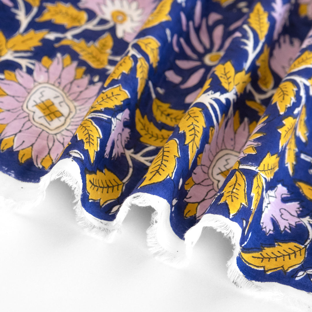 Tapestry Block Printed Organic Cotton Batiste - Cobalt/Sunflower/Dusty Lilac