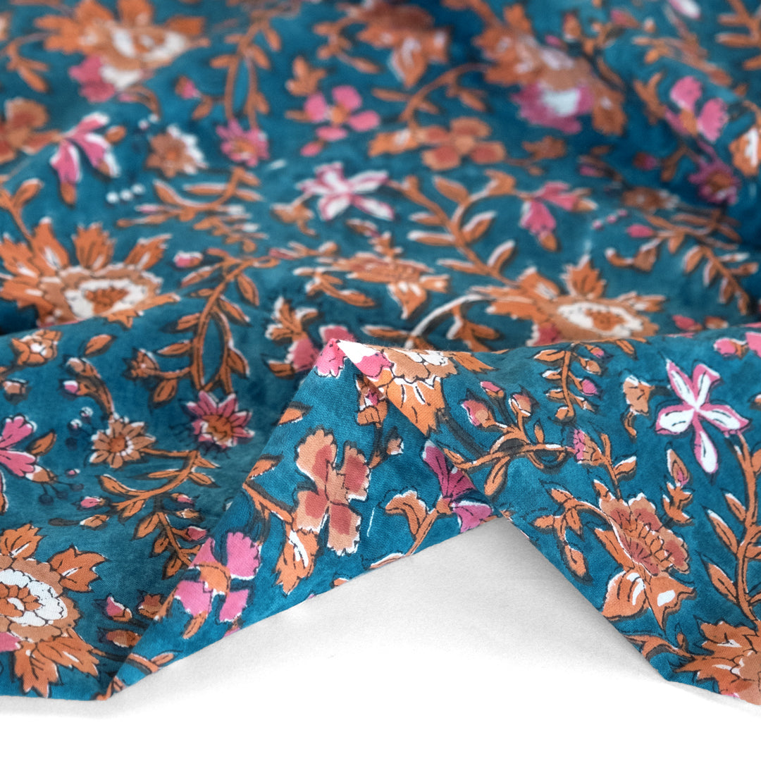 Tapestry Block Printed Organic Cotton Batiste - Lagoon/Clay/Pink