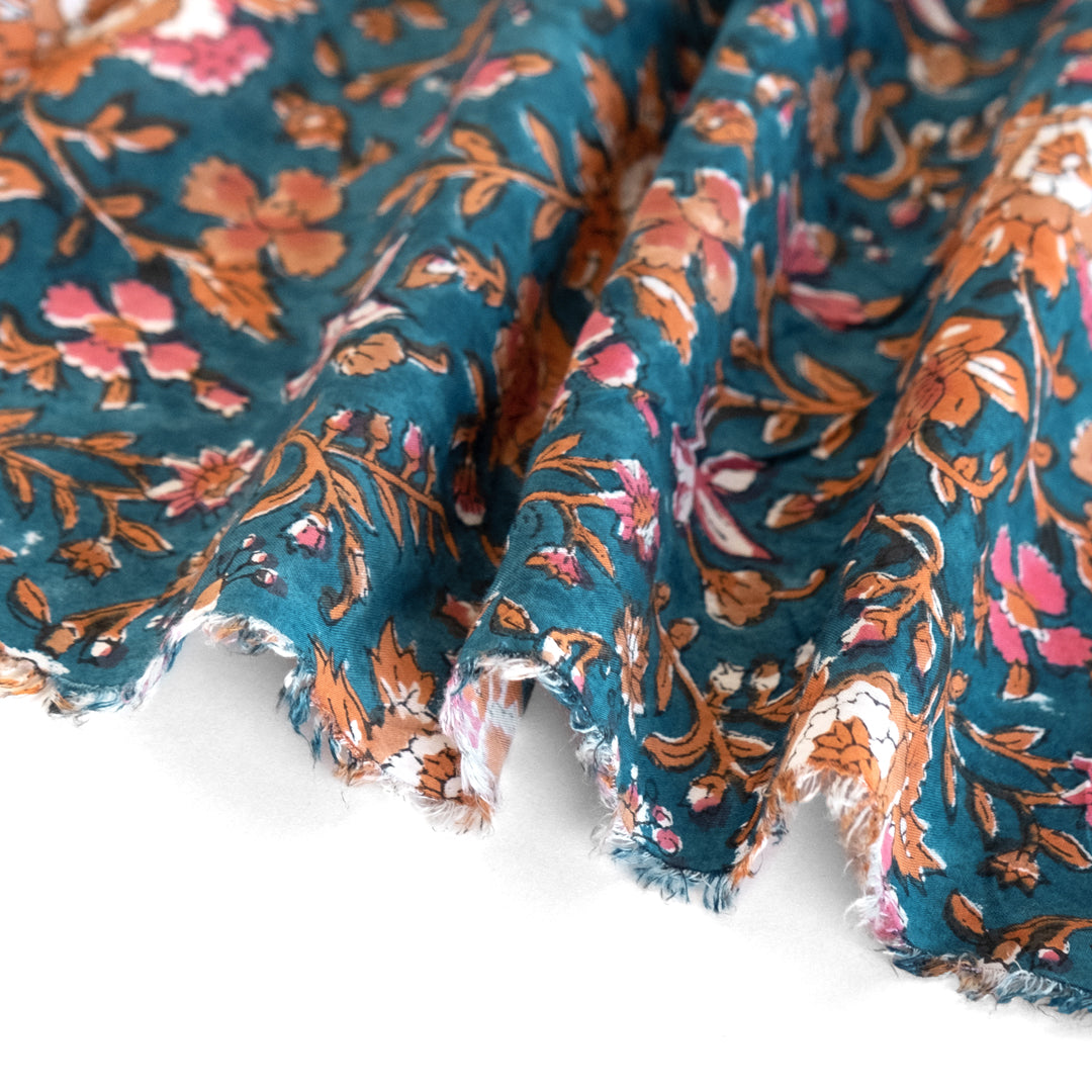 Tapestry Block Printed Organic Cotton Batiste - Lagoon/Clay/Pink
