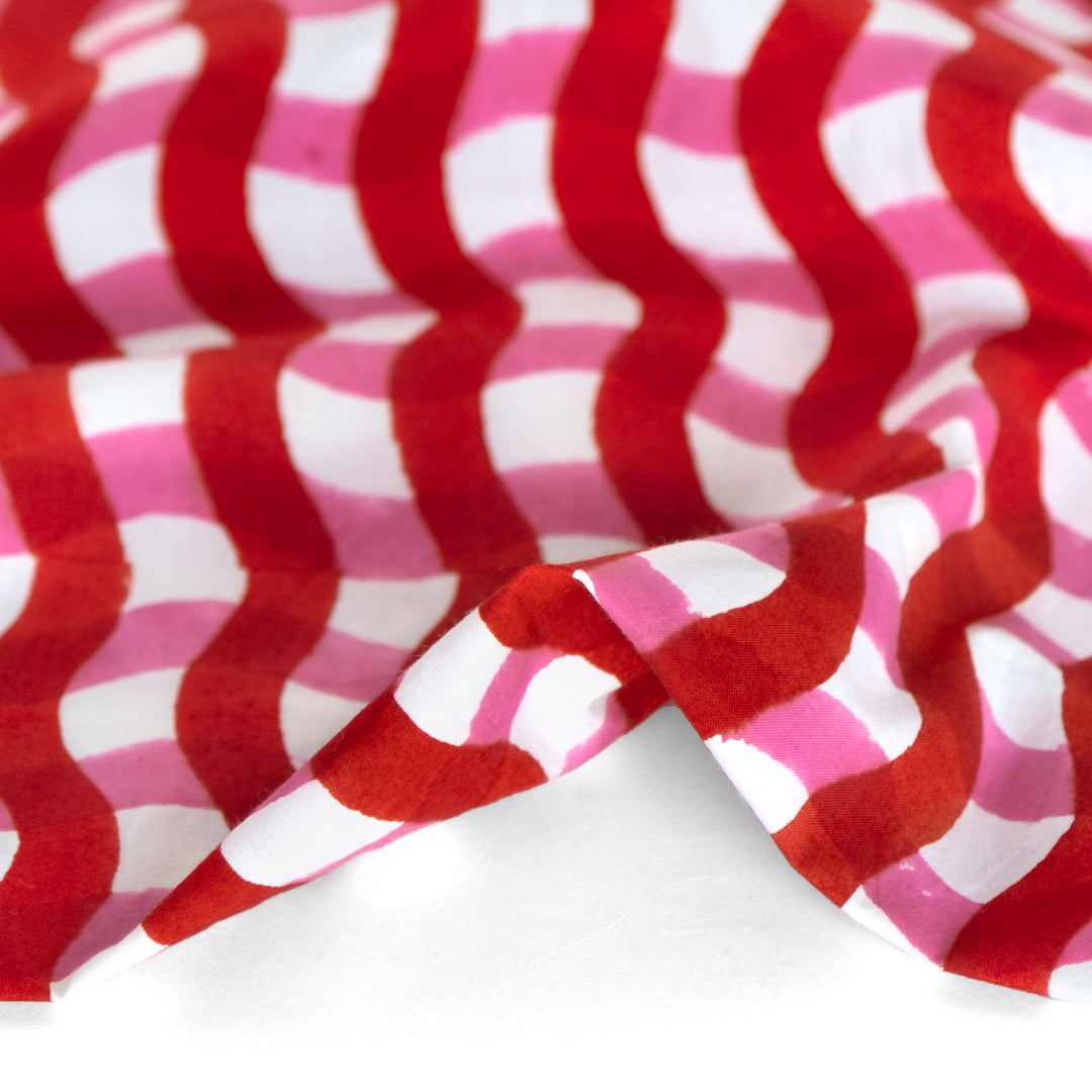 Wavy Gingham Block Printed Organic Cotton Poplin - Crimson/Pink/White