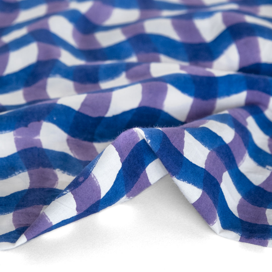 Wavy Gingham Block Printed Organic Cotton Poplin - Royal Blue/Storm Purple/White