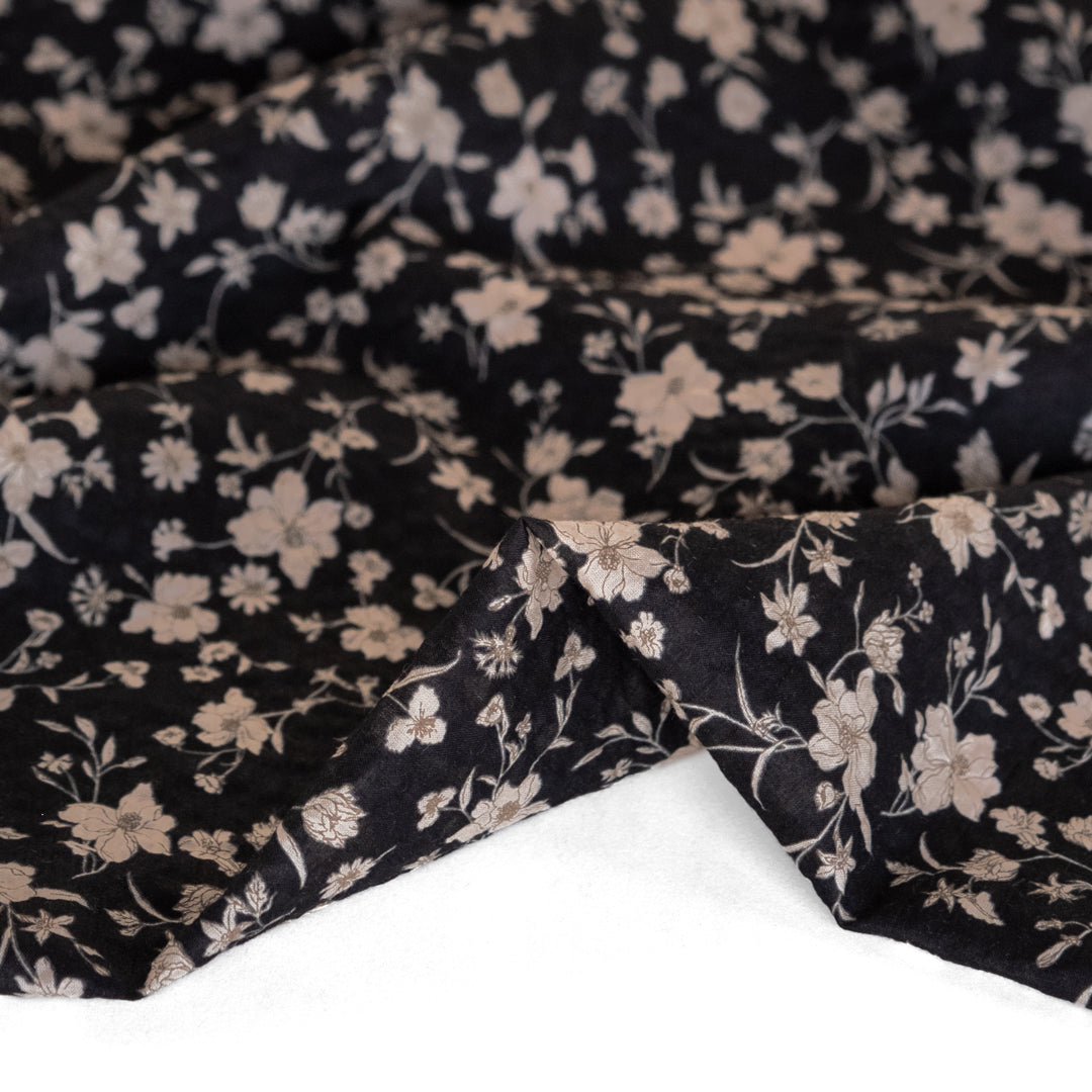 Natural fiber crinkled seersucker cotton in black and taupe Wildflower print