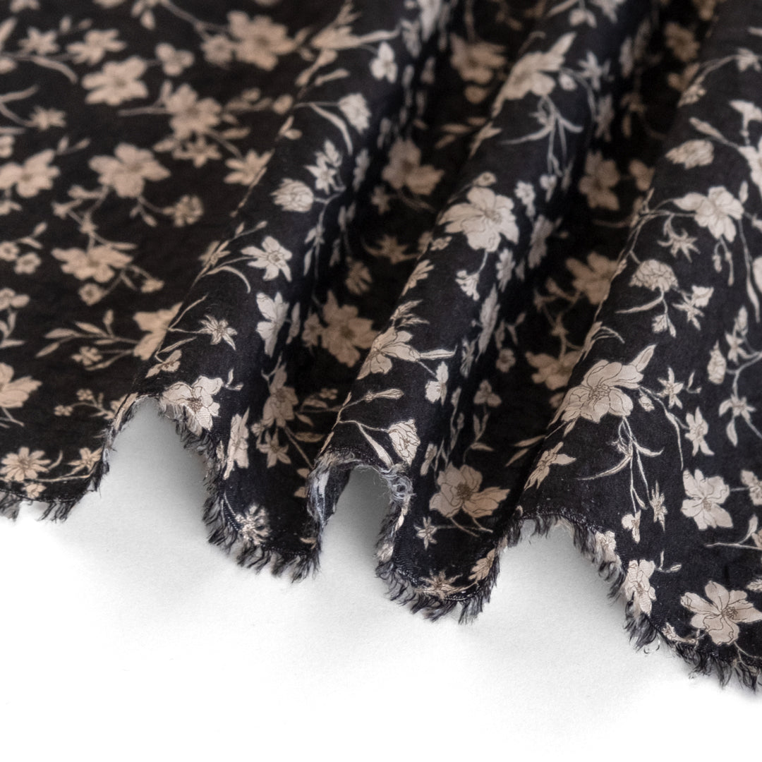 Natural fiber crinkled seersucker cotton in black and taupe Wildflower print