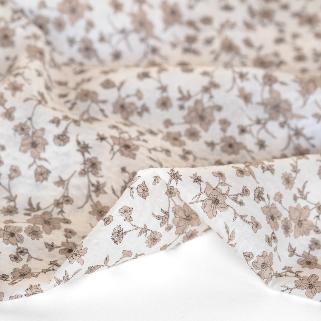 Natural fiber crinkled seersucker cotton in ivory and taupe Wildflower print
